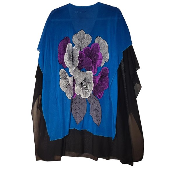 Michael X Blue Black Floral Sheer Knit Layered Swimsuit Coverup Women Size L - Picture 2 of 10